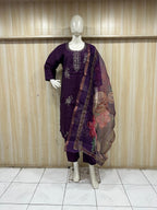 Premium Deep Purple ROMAN SILK Embroidered 3-Piece Ethnic Suit Set with Printed Dupatta