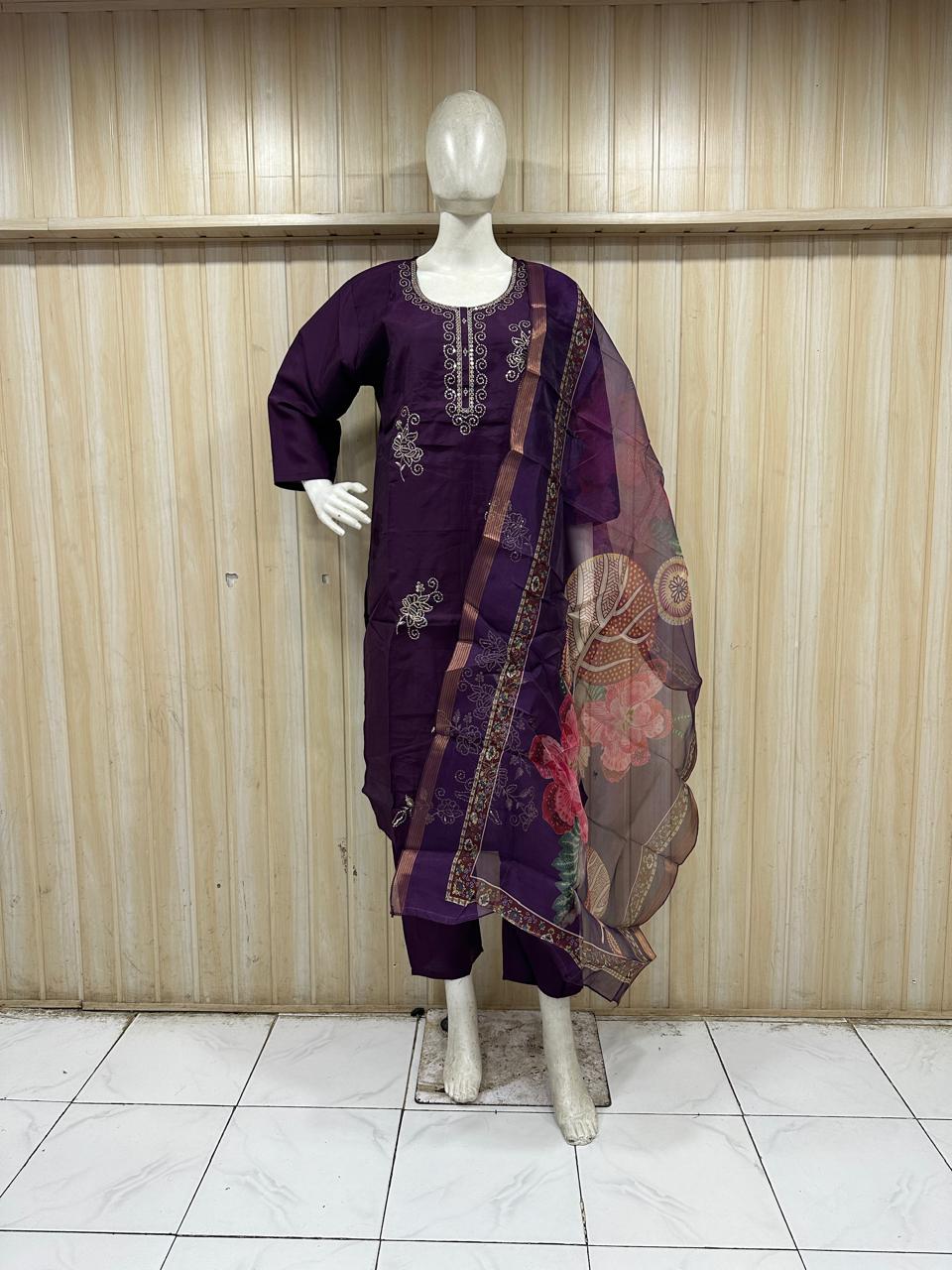 Premium Deep Purple ROMAN SILK Embroidered 3-Piece Ethnic Suit Set with Printed Dupatta