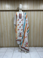 White GEORGETTE Printed Straight Kurti Set with Multicolour Dupatta
