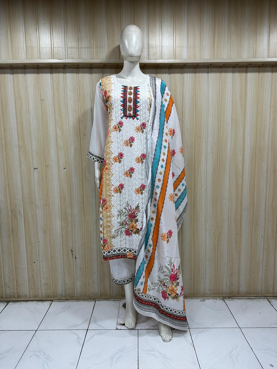 White GEORGETTE Printed Straight Kurti Set with Multicolour Dupatta