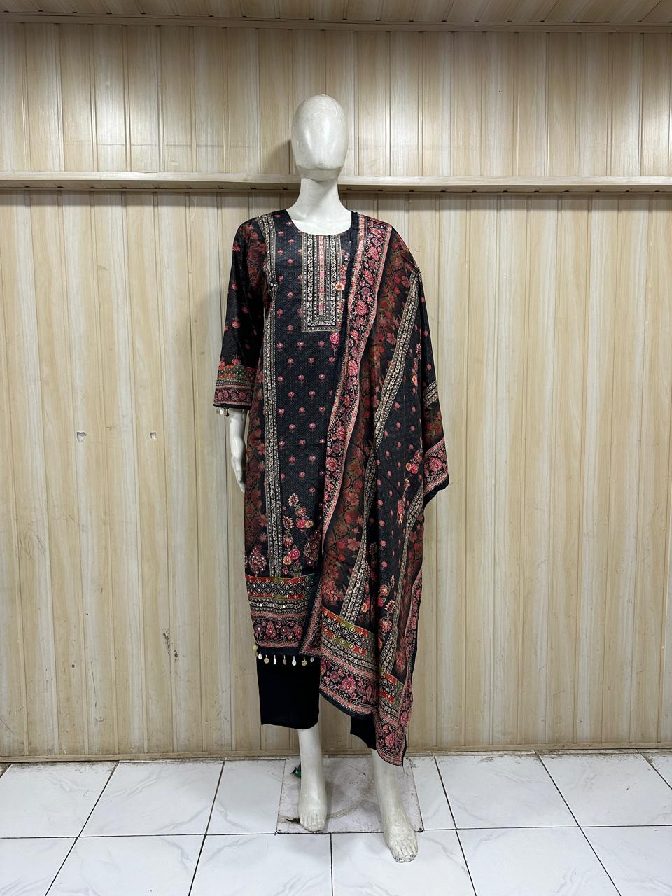 Elegant Black GEORGETTE 3-Piece Ethnic Suit Set with Printed Dupatta