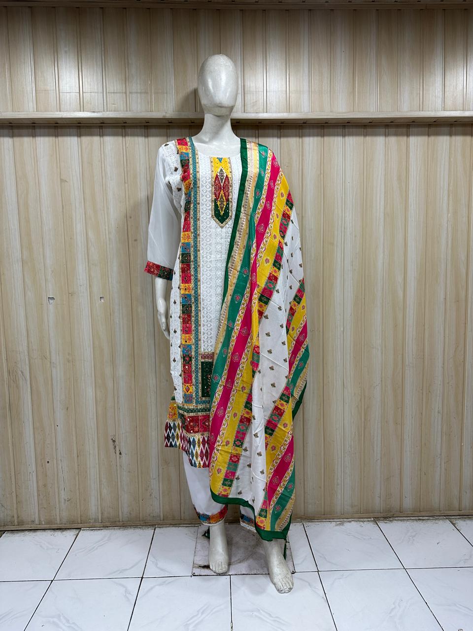 White GEORGETTE Printed Straight Kurti Set with Multicolour Dupatta
