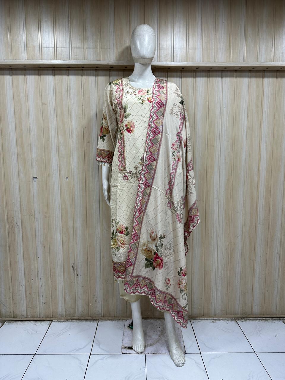 Cream GEORGETTE Floral Printed 3-Piece Ethnic Suit Set with Matching Dupatta