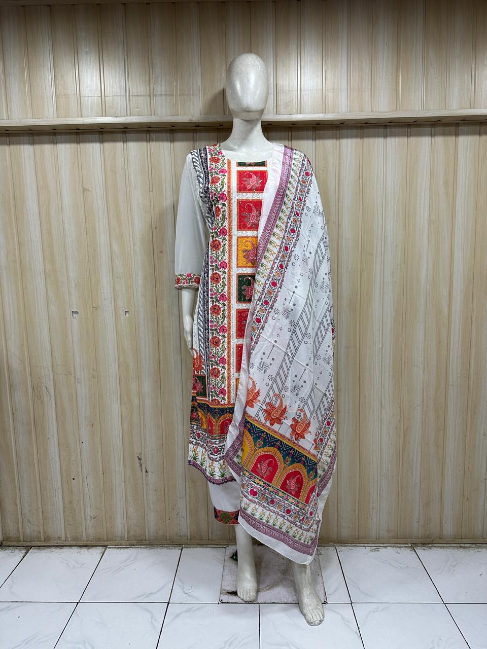 White GEORGETTE Printed Ethnic Suit Set with Matching Dupatta &amp; Pant
