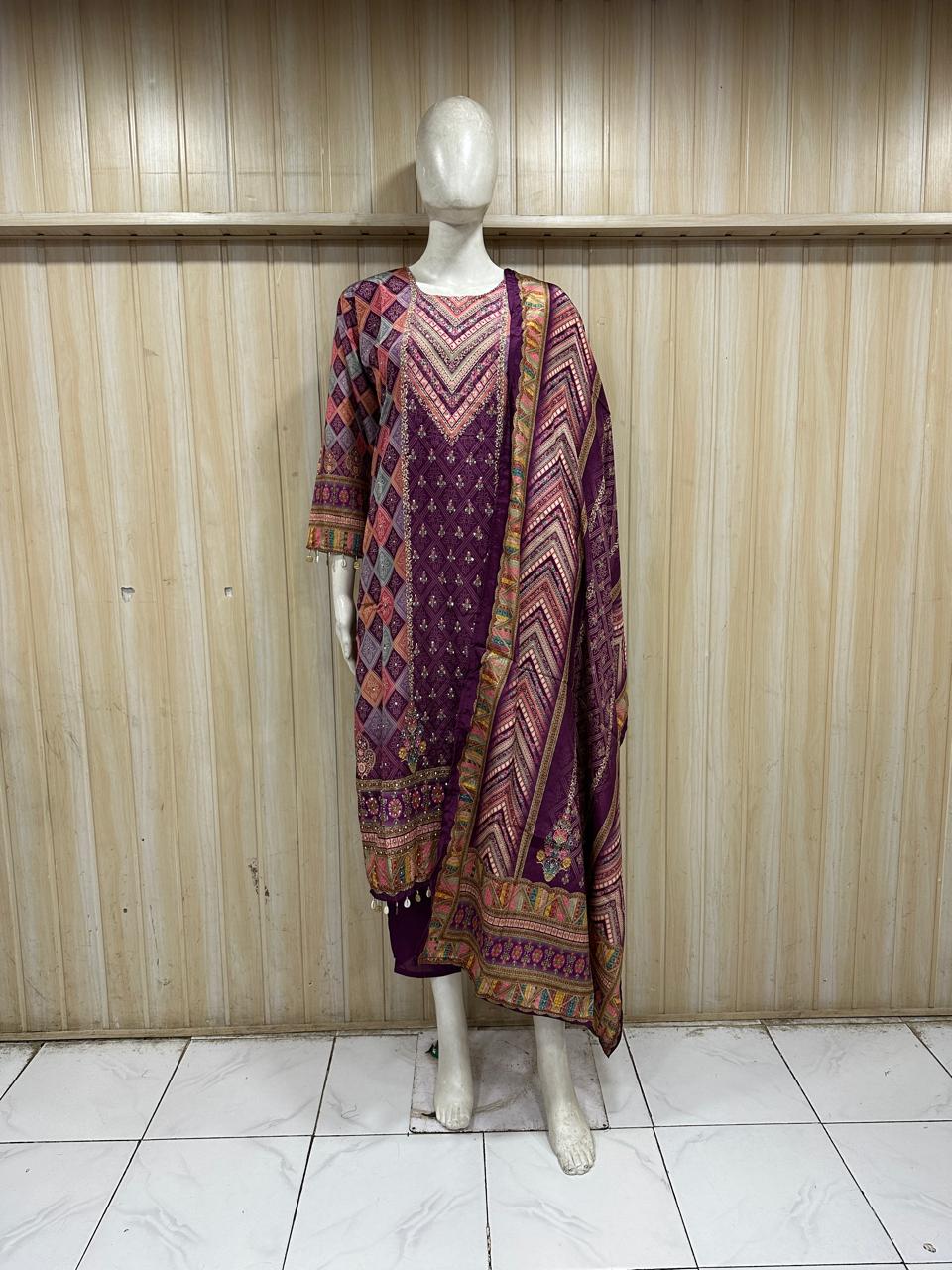 Deep Purple GEORGETTE Printed 3-Piece Ethnic Suit Set with Matching Dupatta