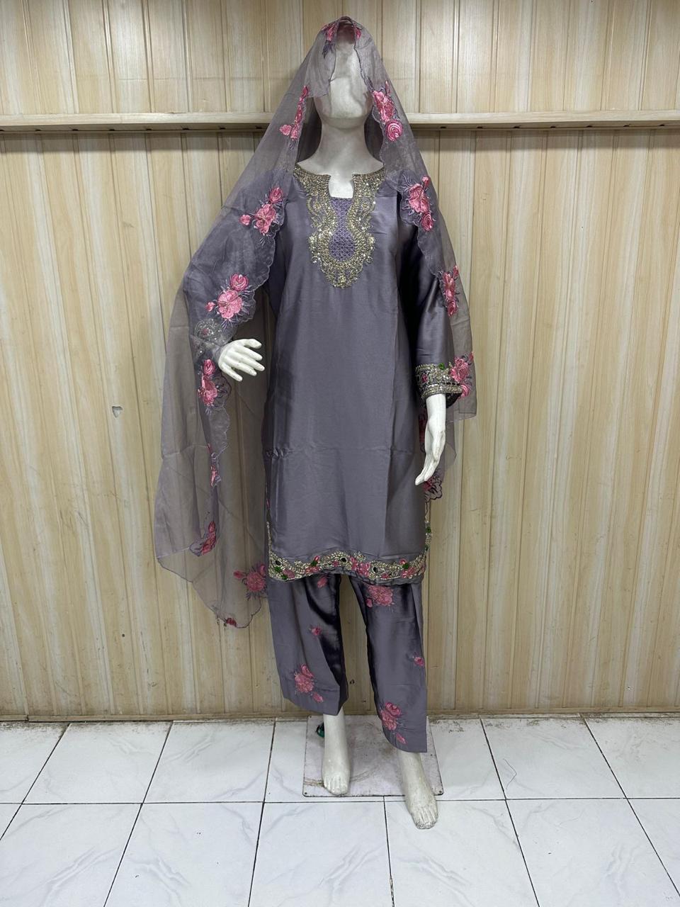 Dusty Mauve American Crepe Embroidered 3-Piece Ethnic Suit Set with Floral Dupatta