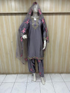 Dusty Mauve American Crepe Embroidered 3-Piece Ethnic Suit Set with Floral Dupatta