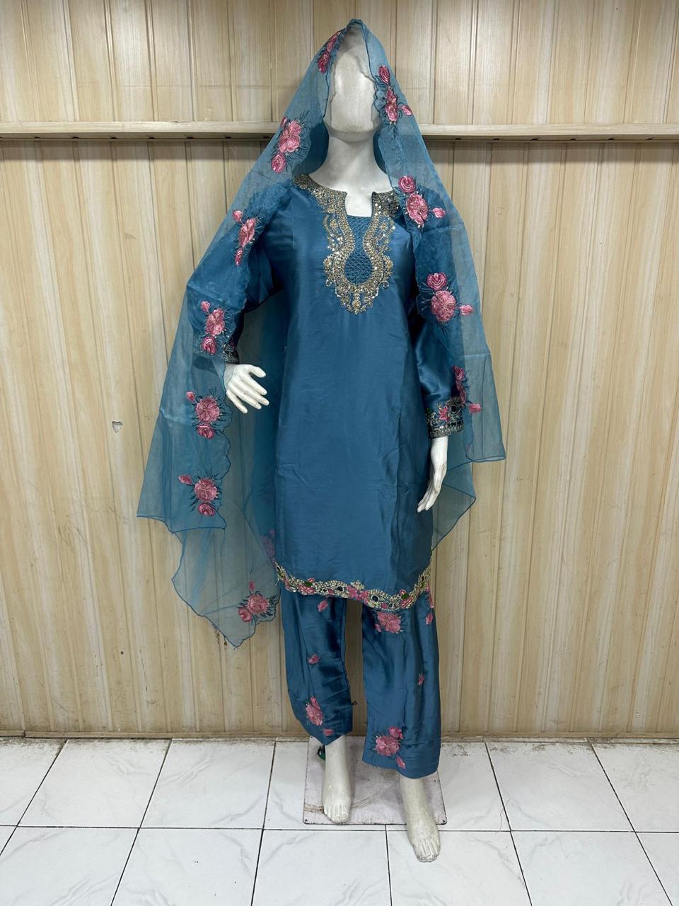 Teal Blue American Crepe Embroidered 3-Piece Ethnic Suit Set with Floral Dupatta