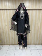 Black American Crepe Embroidered 3-Piece Ethnic Suit Set with Floral Dupatta