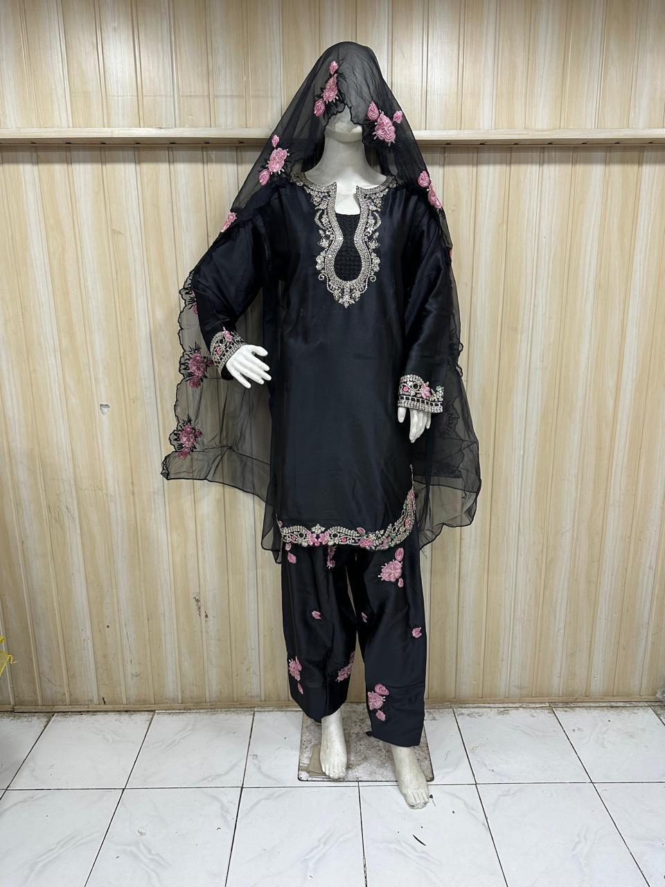 Black American Crepe Embroidered 3-Piece Ethnic Suit Set with Floral Dupatta