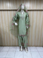 Sage Green American Crepe Embellished Ethnic Suit Set with Matching Dupatta