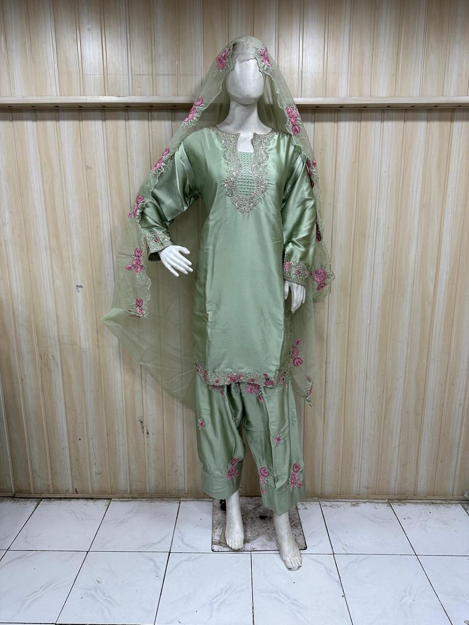Sage Green American Crepe Embellished Ethnic Suit Set with Matching Dupatta