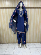 Navy Blue American Crepe Embroidered 3-Piece Ethnic Suit Set with Floral Dupatta