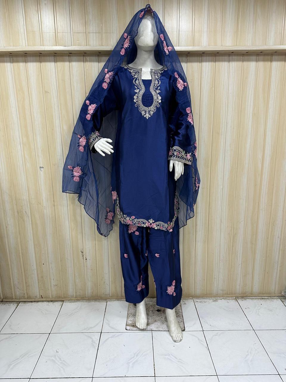 Navy Blue American Crepe Embroidered 3-Piece Ethnic Suit Set with Floral Dupatta