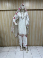 White American Crepe 3-Piece Ethnic Suit with Embellished Neckline &amp; Floral Dupatta