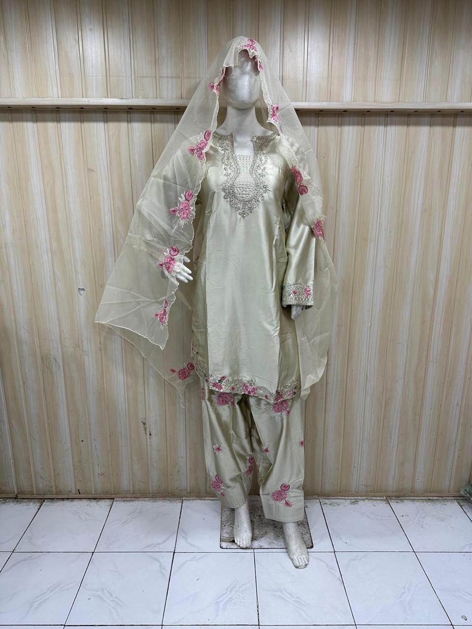 Premium American Crepe Light Sage Green 3-Piece Ethnic Suit Set with Embroidered Dupatta