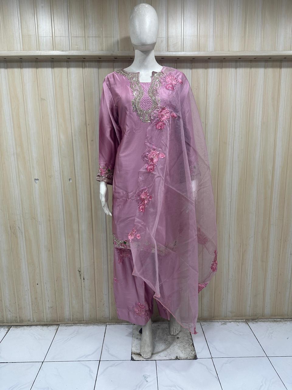 Premium American Crepe Dusty Pink 3-Piece Ethnic Suit Set with Embroidered Dupatta