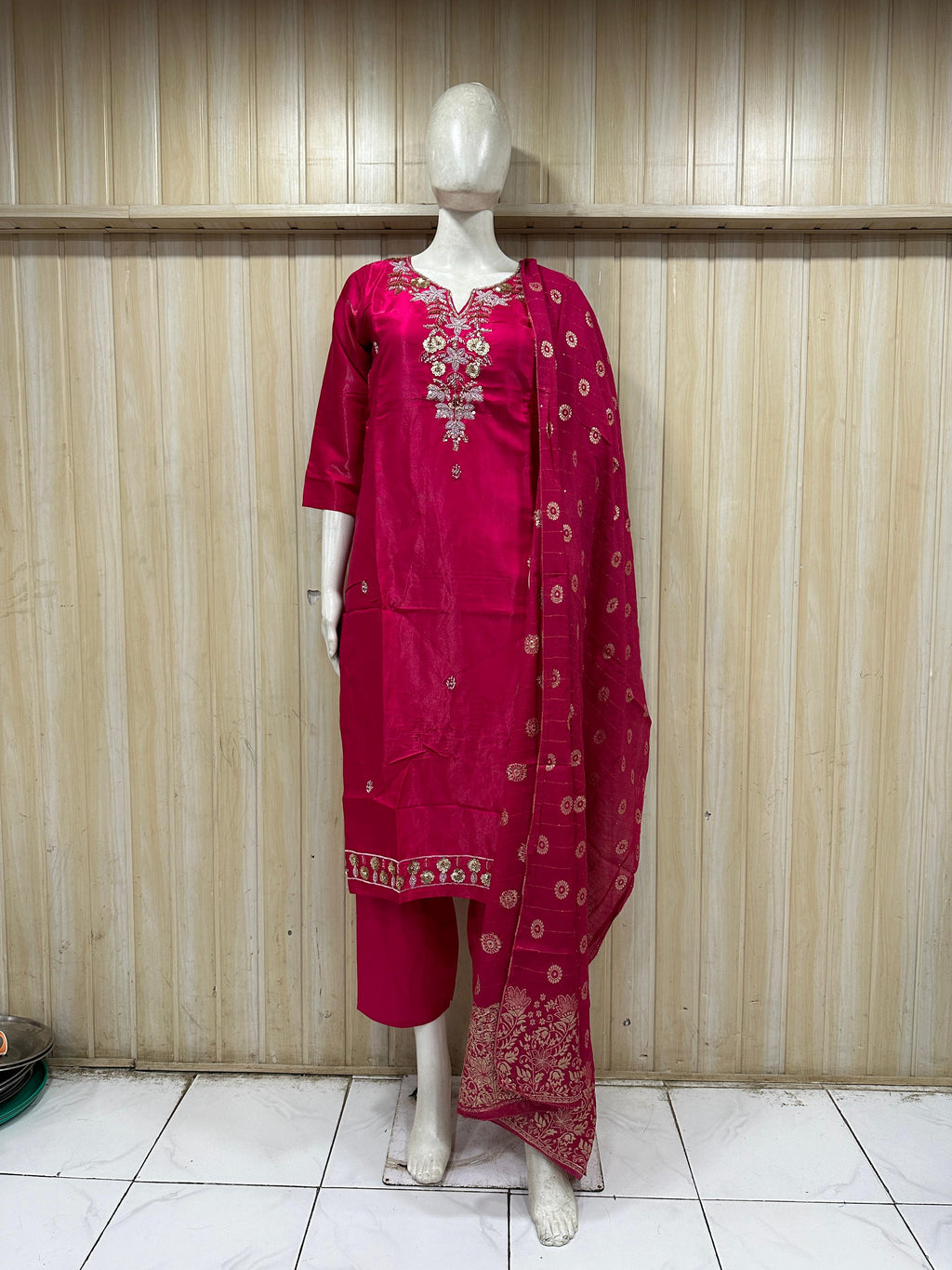 Rani Pink ROMAN SILK Embroidered Straight Kurti Set with Matching Dupatta