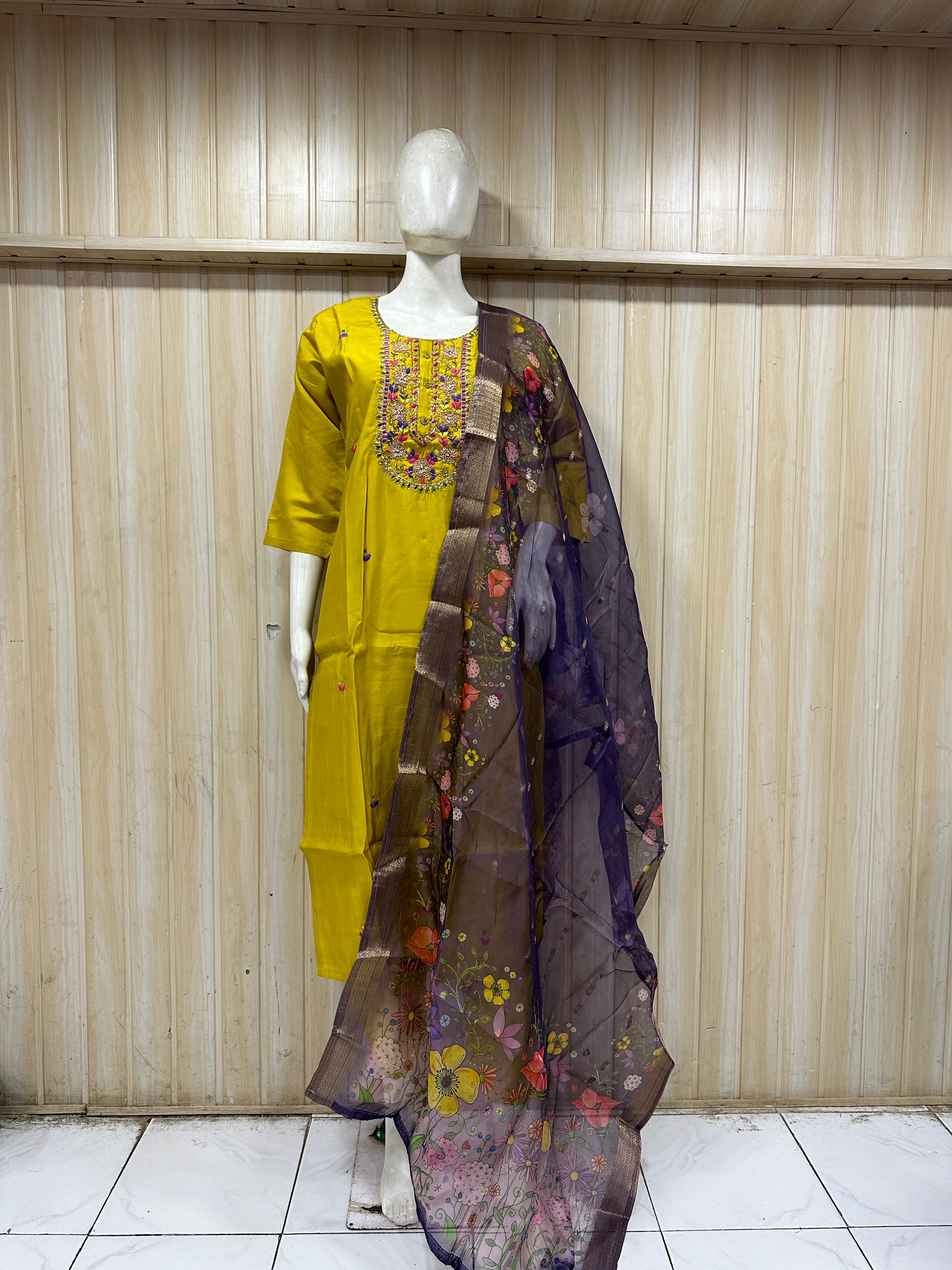Mustard Yellow ROMAN SILK Embroidered Kurti Set with Printed Sheer Dupatta