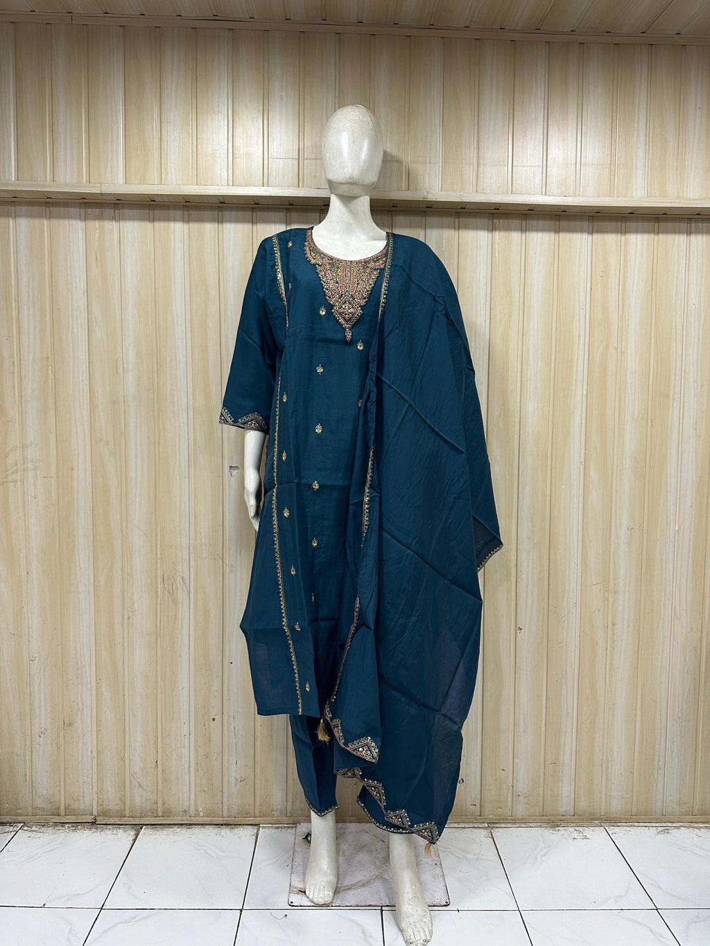 ROMAN SILK Deep Teal Embroidered Straight Kurti Set with Matching Pant &amp; Dupatta