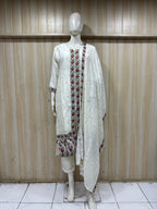 Elegant White ROMAN SILK Embroidered 3-Piece Ethnic Suit Set with Floral Dupatta