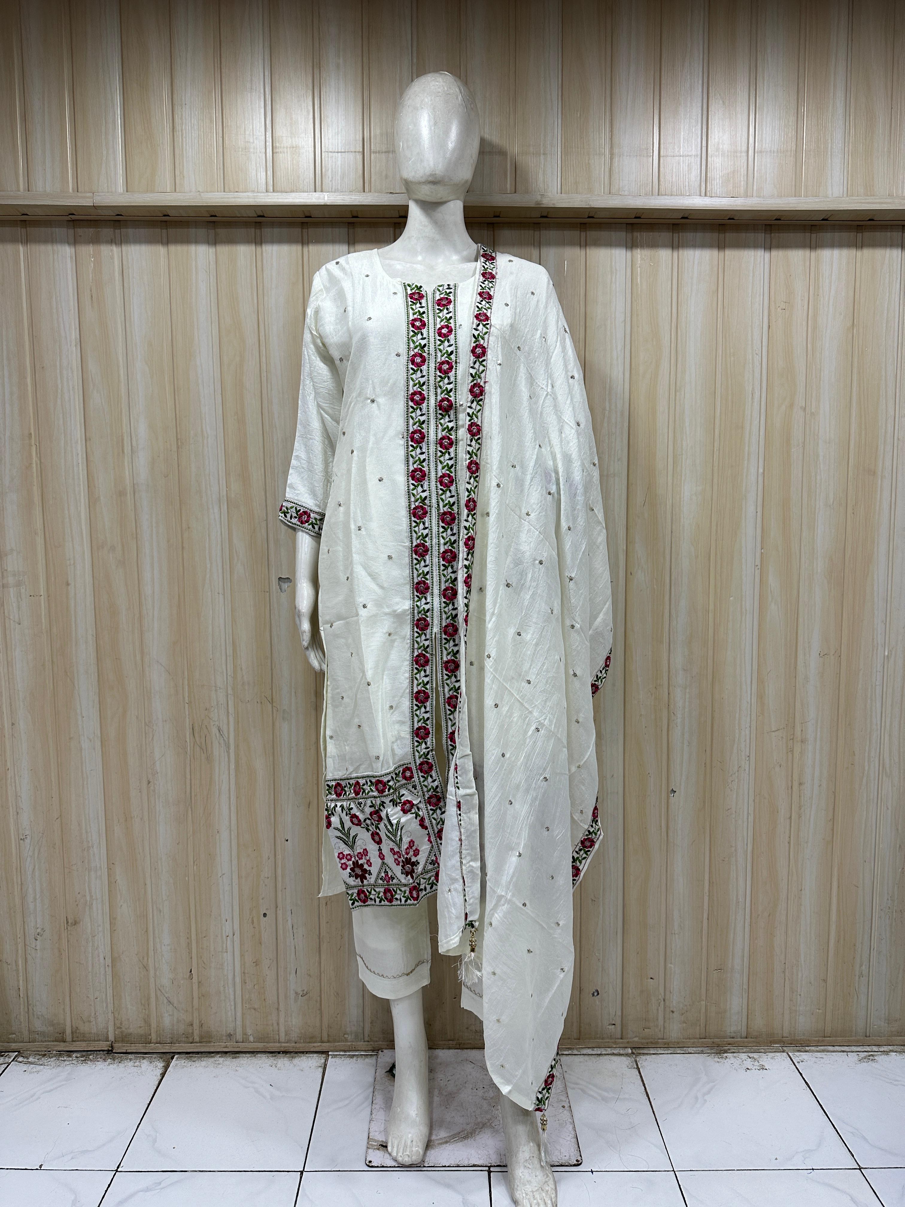 Elegant White ROMAN SILK Embroidered 3-Piece Ethnic Suit Set with Floral Dupatta