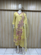 Light Yellow ROMAN SILK Embroidered 3-Piece Ethnic Suit Set with Matching Dupatta