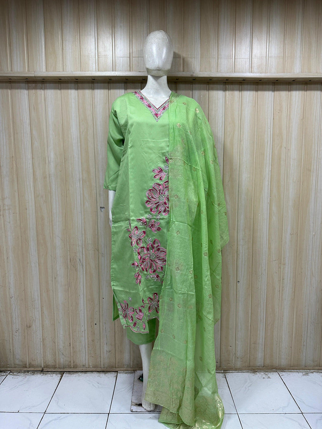 Light Green ROMAN SILK Embroidered Straight Kurti Pant &amp; Dupatta Set
