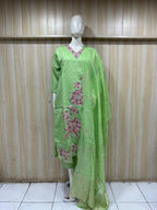 Light Green ROMAN SILK Embroidered Straight Kurti Pant &amp; Dupatta Set