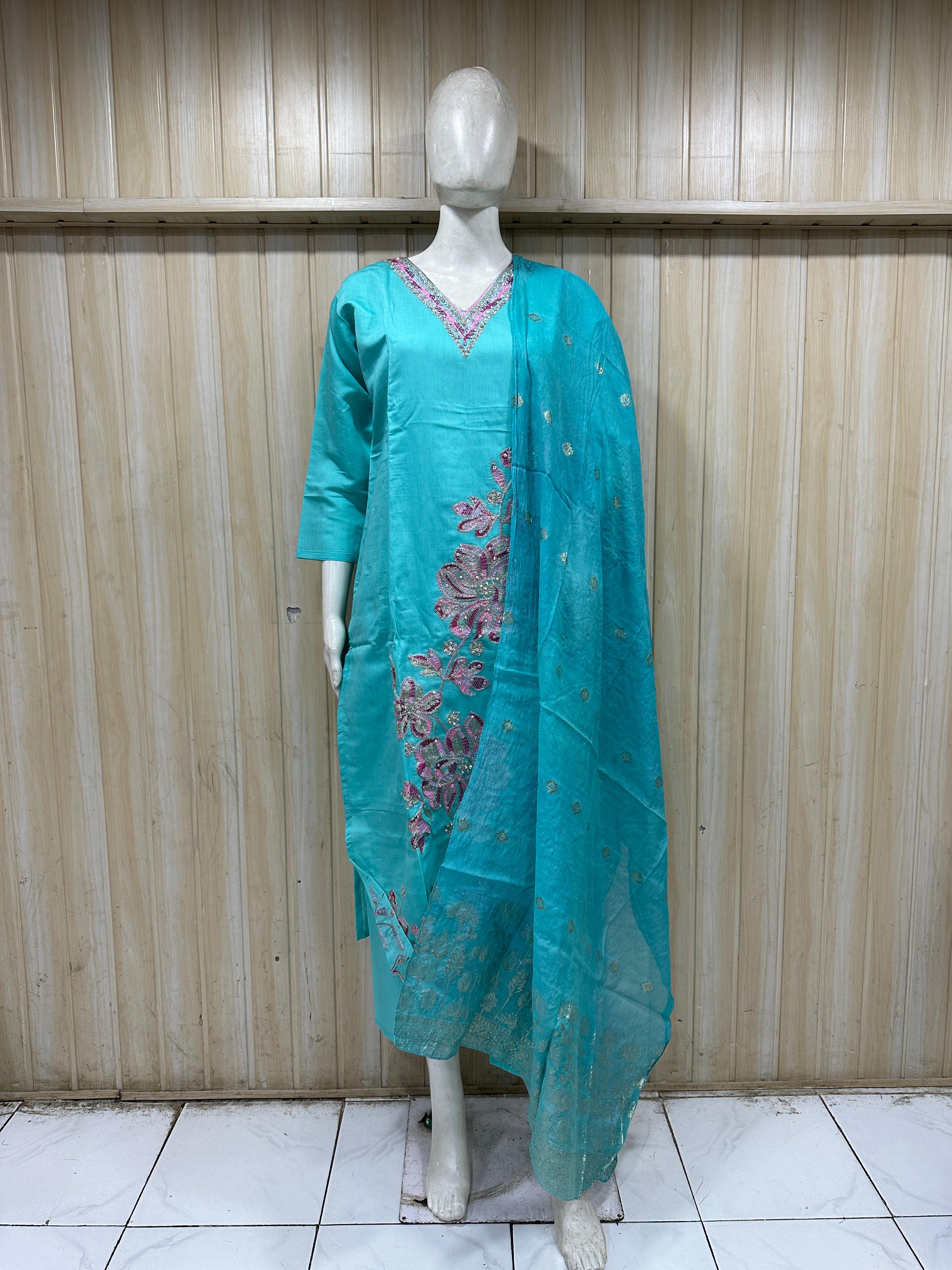 Aqua Blue ROMAN SILK Embroidered Straight Kurti Set with Pant &amp; Dupatta