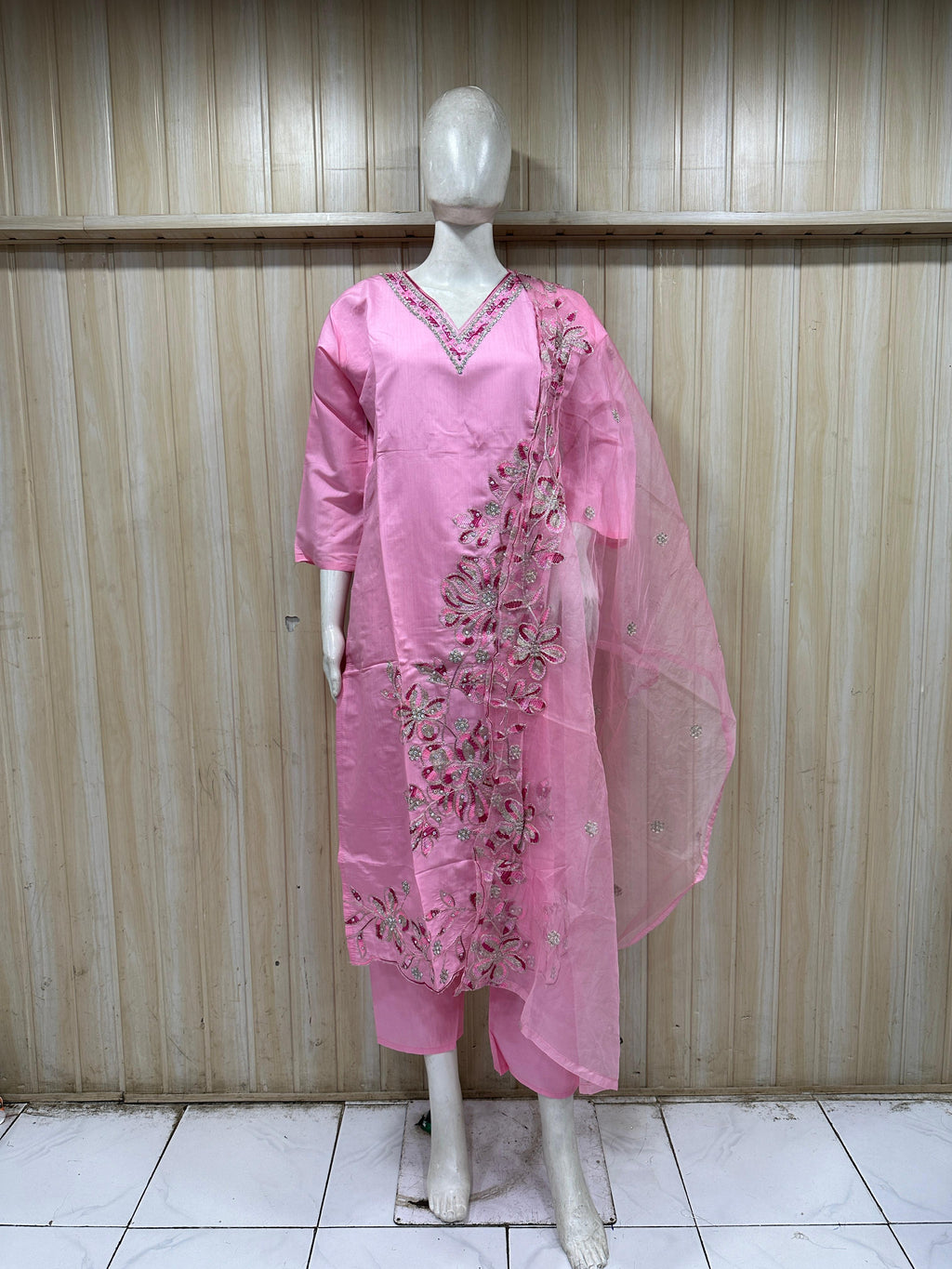 Baby Pink ROMAN SILK Embroidered Straight Kurti Set with Pant &amp; Dupatta