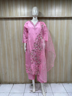Baby Pink ROMAN SILK Embroidered Straight Kurti Set with Pant &amp; Dupatta