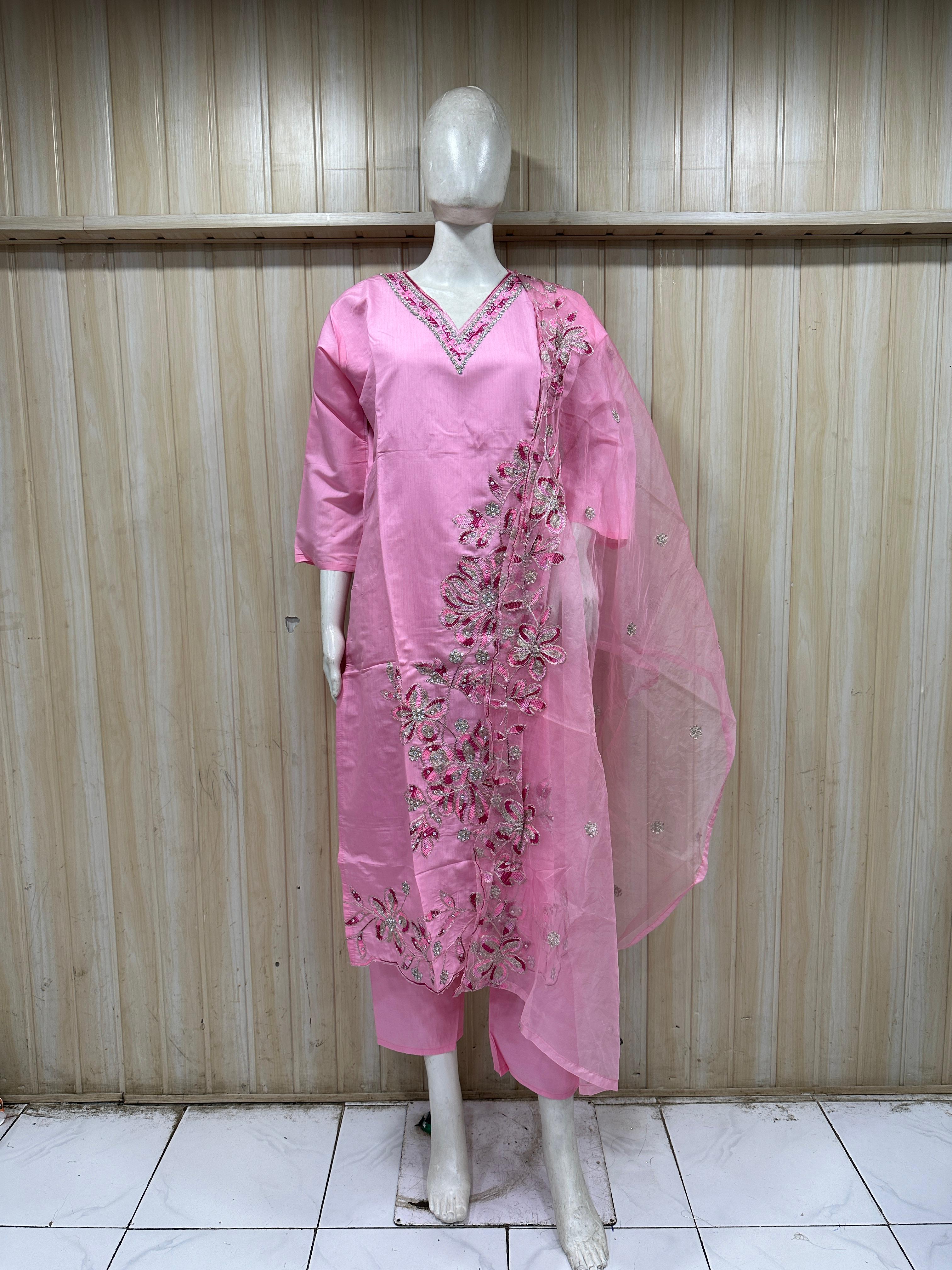 Baby Pink ROMAN SILK Embroidered Straight Kurti Set with Pant &amp; Dupatta