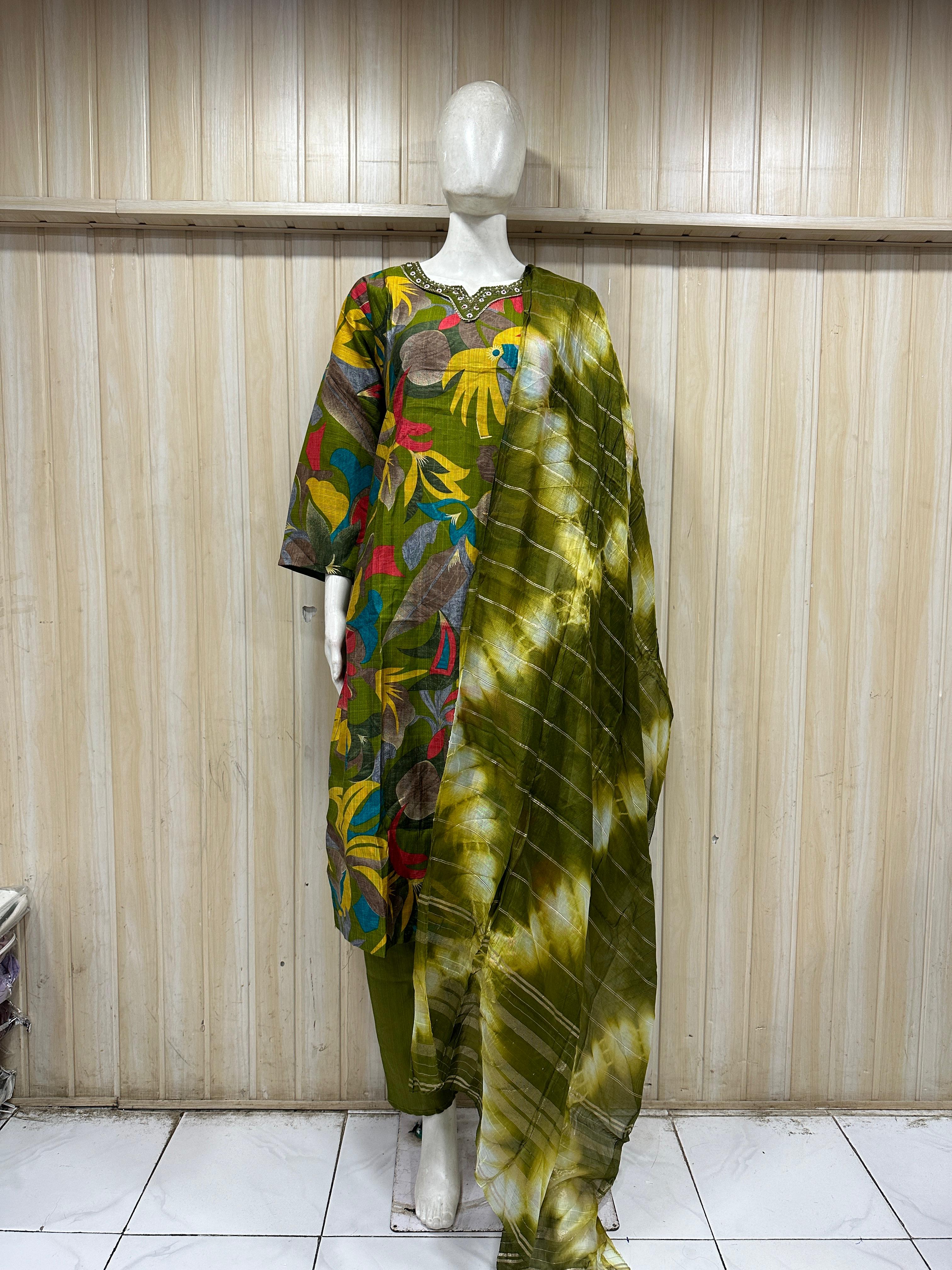 Olive Green Vertican Printed 3-Piece Ethnic Suit Set with Dupatta