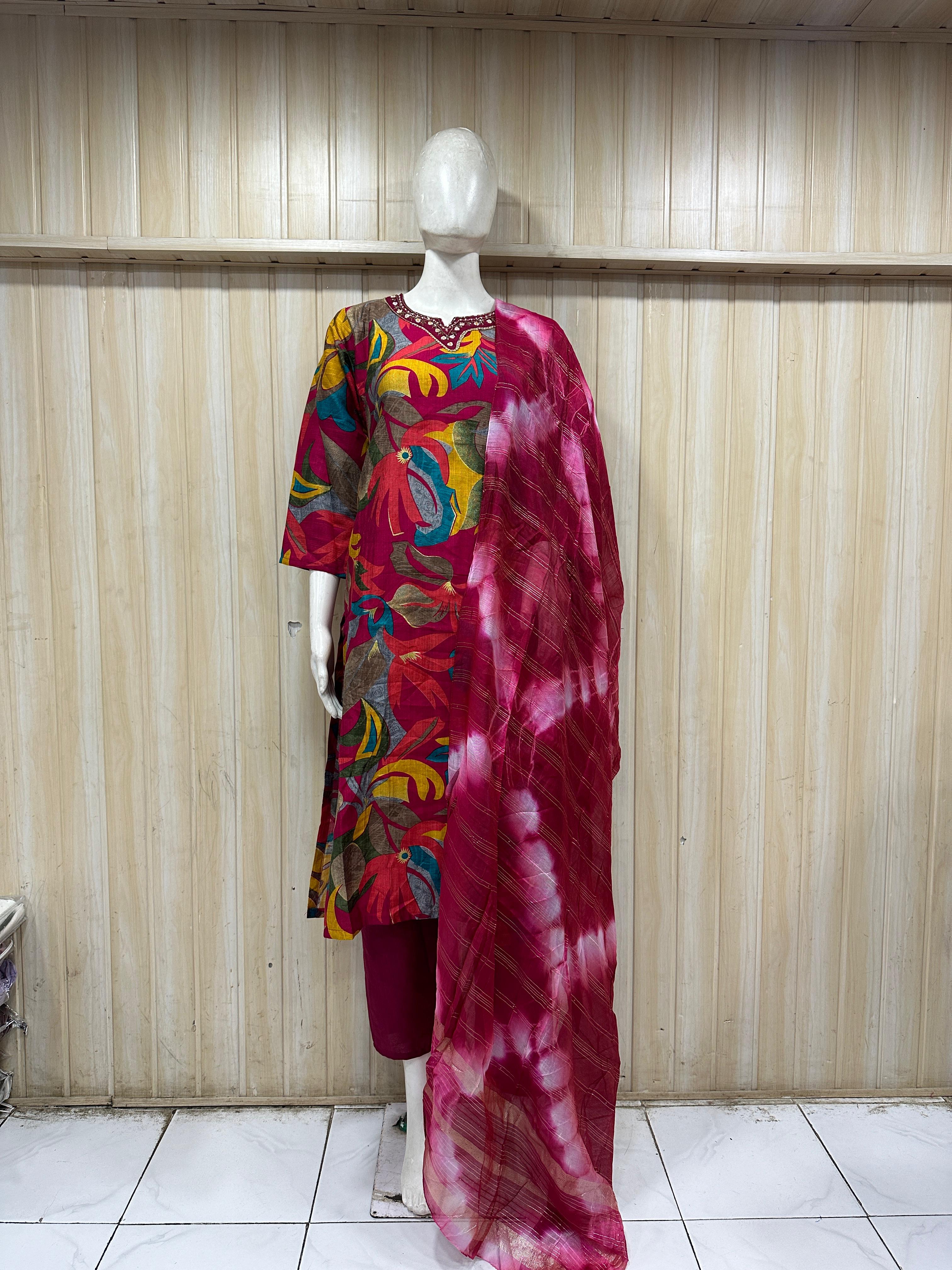 Magenta Vertican Printed 3-Piece Ethnic Suit Set with Matching Dupatta