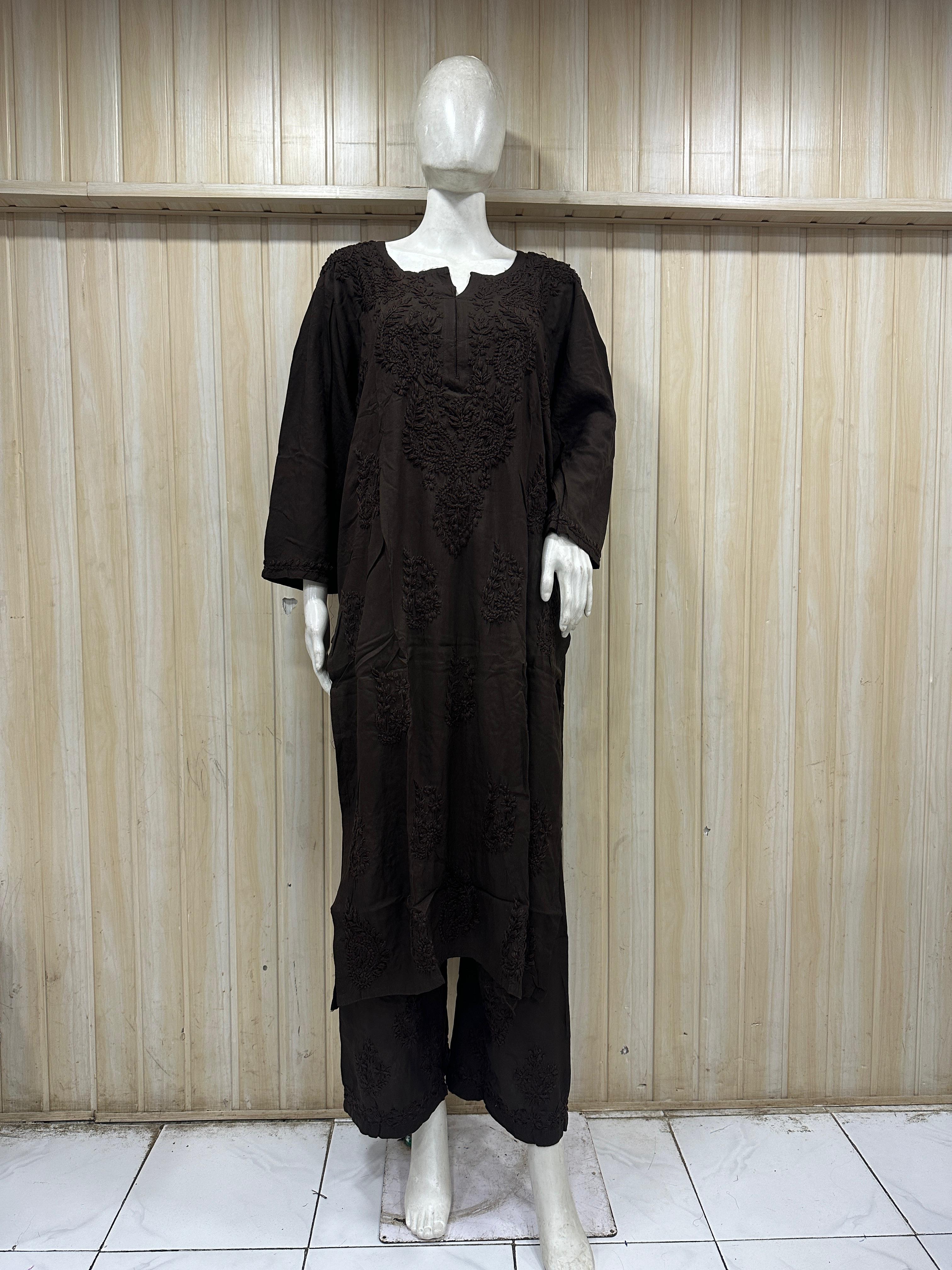 Dark Brown GEORGETTE Lakhnavi Work Straight Kurti Pant Set