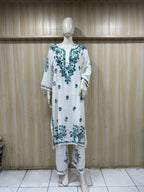White & Teal GEORGETTE Lakhnavi Work Straight Kurti Pant Set