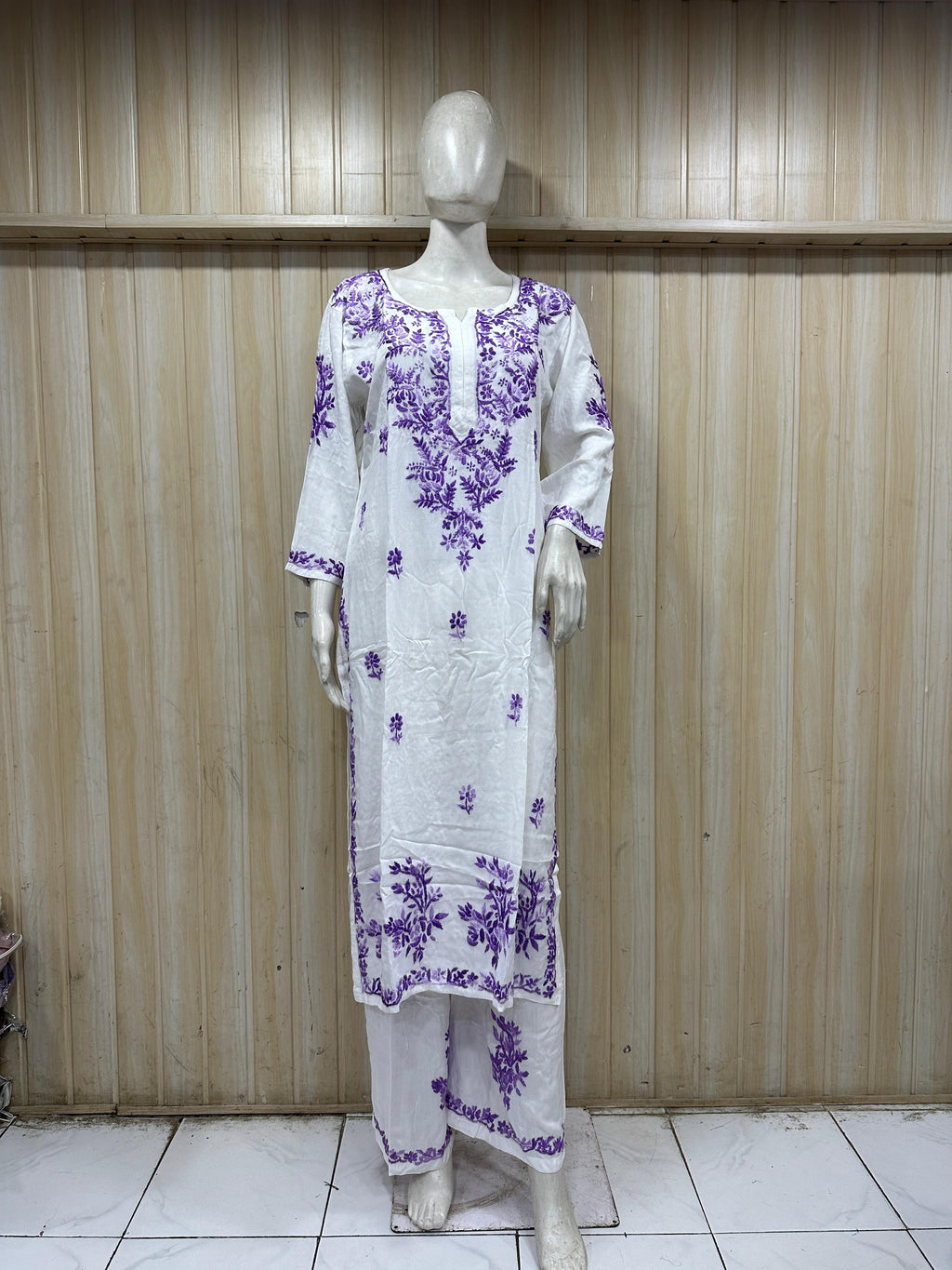 White & Purple GEORGETTE Lakhnavi Work Straight Kurti Pant Set