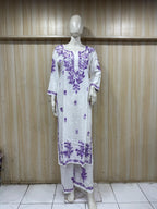 White & Purple GEORGETTE Lakhnavi Work Straight Kurti Pant Set