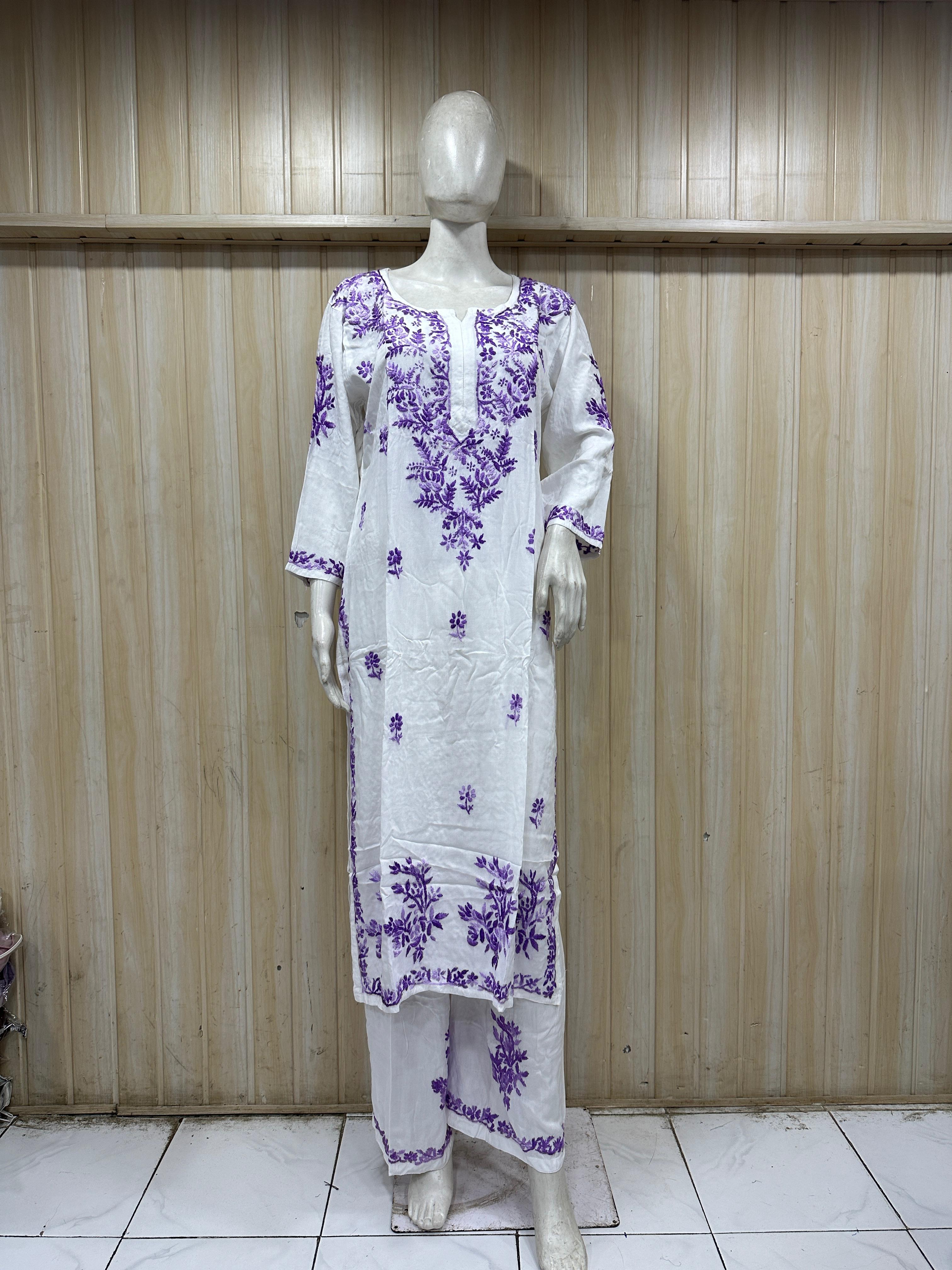 White & Purple GEORGETTE Lakhnavi Work Straight Kurti Pant Set