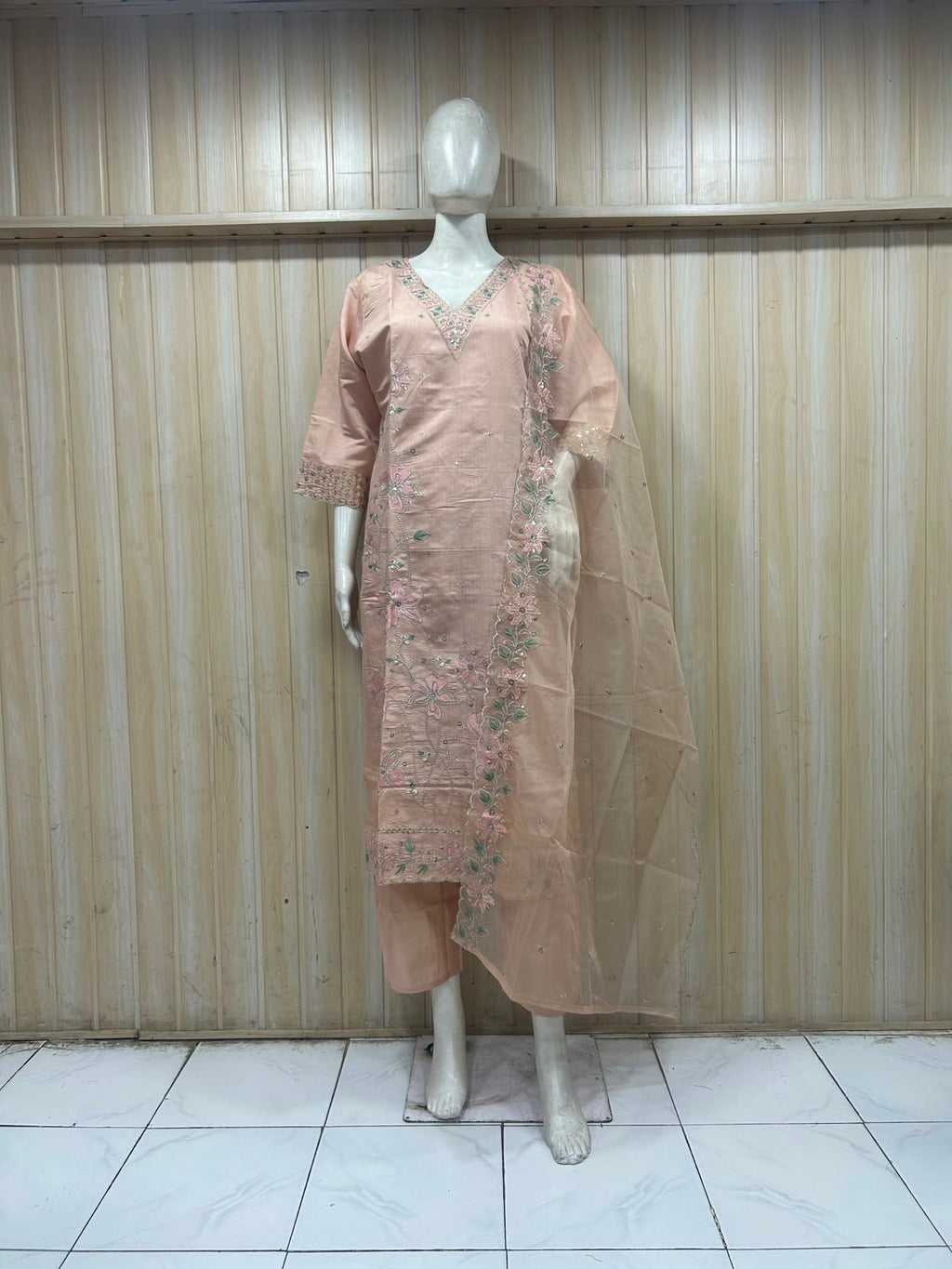 Blush Peach ROMAN SILK Embroidered 3-Piece Ethnic Suit Set with Dupatta