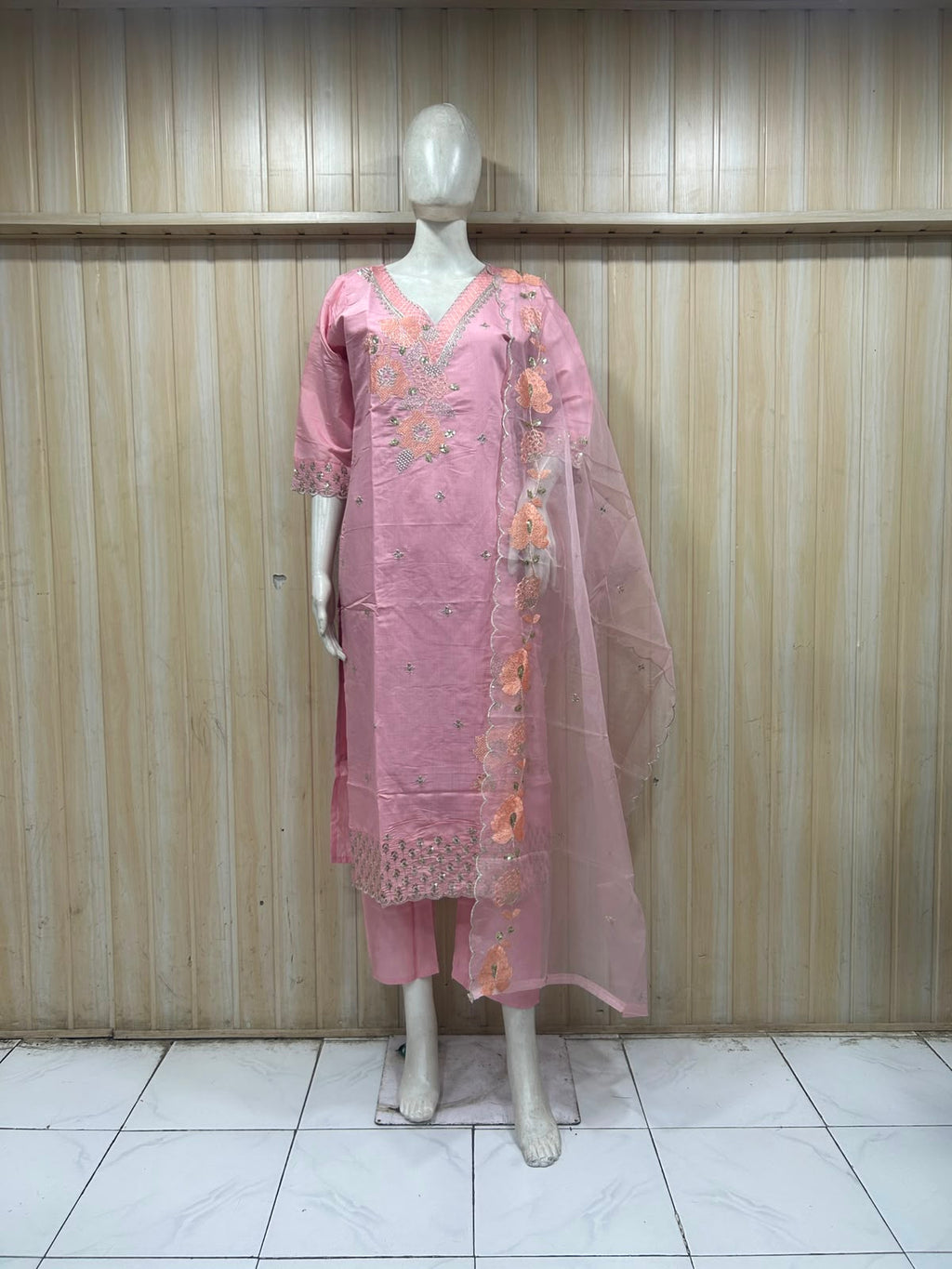 Pink ROMAN SILK Embroidered 3-Piece Ethnic Suit Set with Matching Dupatta