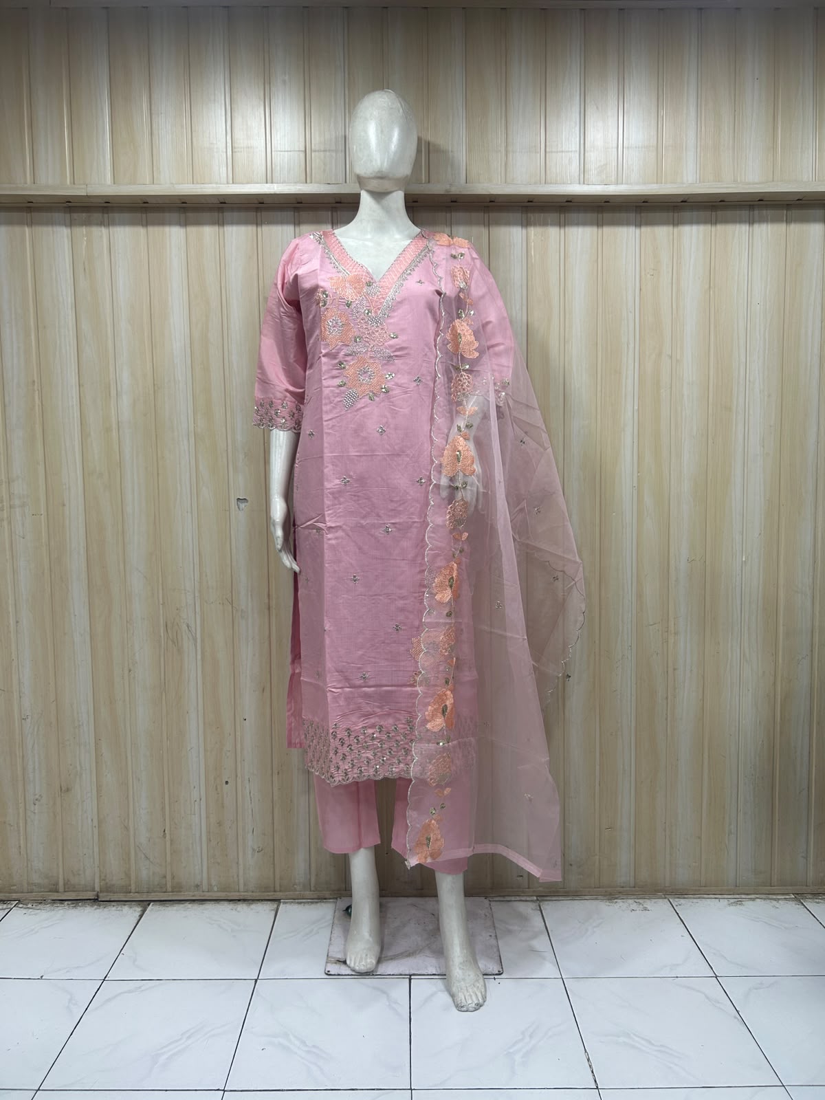 Pink ROMAN SILK Embroidered 3-Piece Ethnic Suit Set with Matching Dupatta