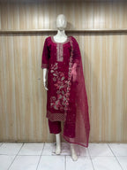 Wine Magenta ROMAN SILK Embroidered Straight Kurti Set with Pant &amp; Dupatta