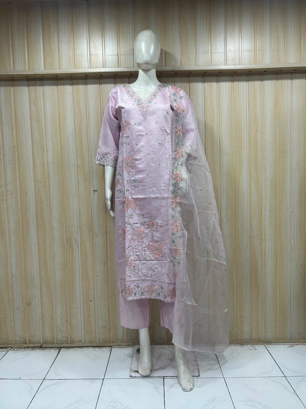 Light Lavender ROMAN SILK Embroidered 3-Piece Ethnic Suit Set with Dupatta