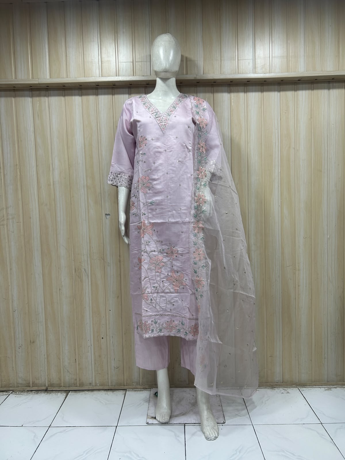 Light Lavender ROMAN SILK Embroidered 3-Piece Ethnic Suit Set with Dupatta