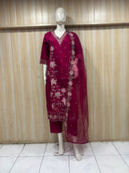 Wine ROMAN SILK Embroidered 3-Piece Ethnic Suit Set