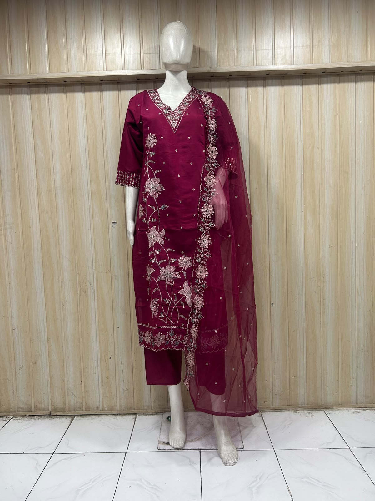 Wine ROMAN SILK Embroidered 3-Piece Ethnic Suit Set