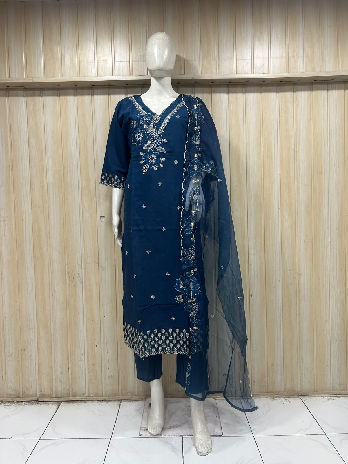 Navy Blue ROMAN SILK Embroidered 3-Piece Ethnic Suit Set with Dupatta