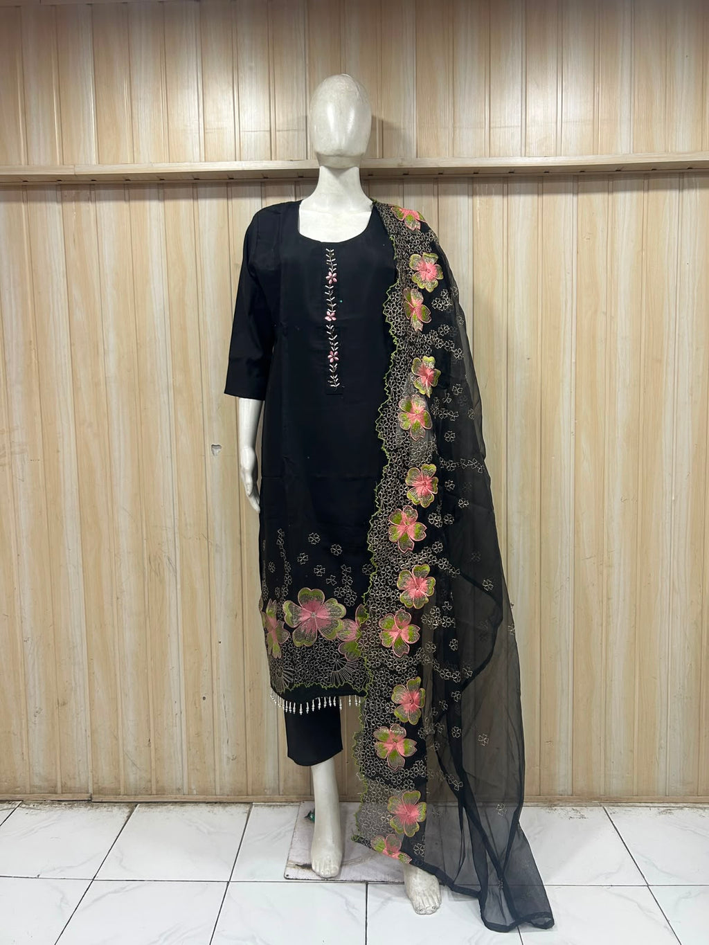 Black ROMAN SILK Embroidered 3-Piece Ethnic Suit Set with Floral Dupatta